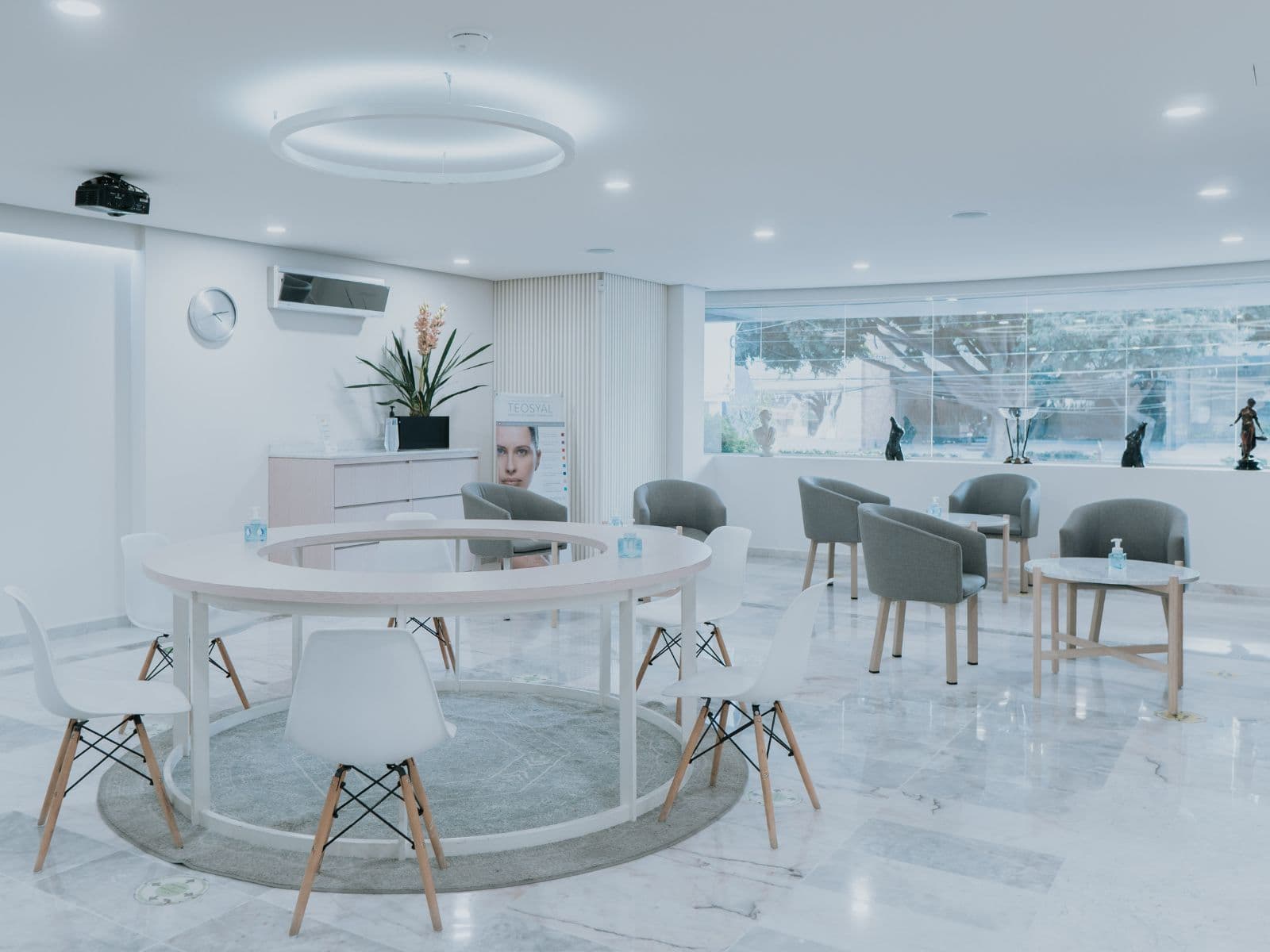 Recepción de Sashida Skin Tech: sala luminosa con acabados en mármol blanco y luz natural.